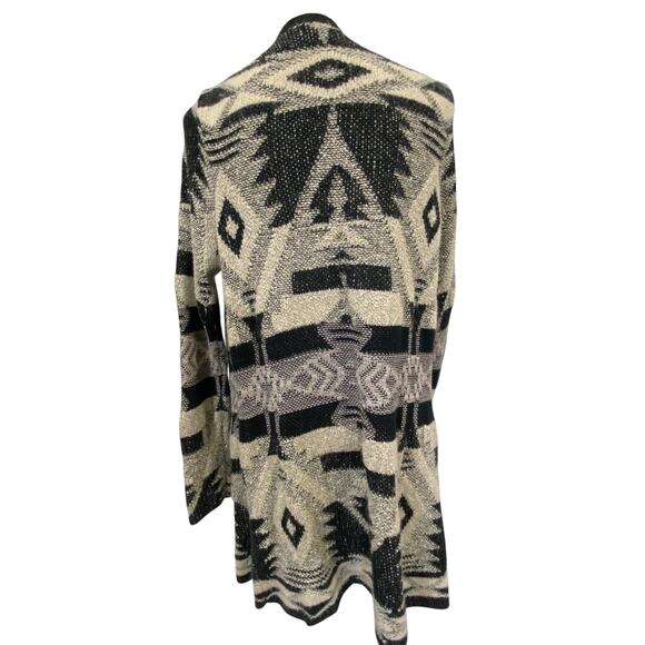 Lucky Brand Long Cardigan Sweater Black Gray Geometric Tribal Aztec Overcoat XL - Picture 4 of 12
